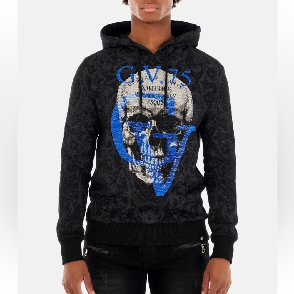 Avenue George V Paris Men's Black Hoodie Sweatshirt Rhinestone Skull NWT 2xl
